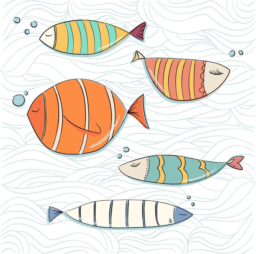 Set of Doodle Fish in Waves of the Sea vector