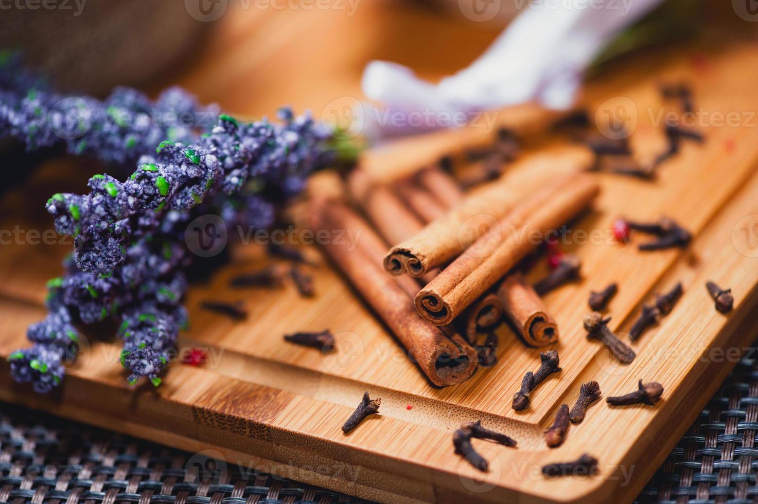 Aromatic cinnamon sticks and lavander close-up photo