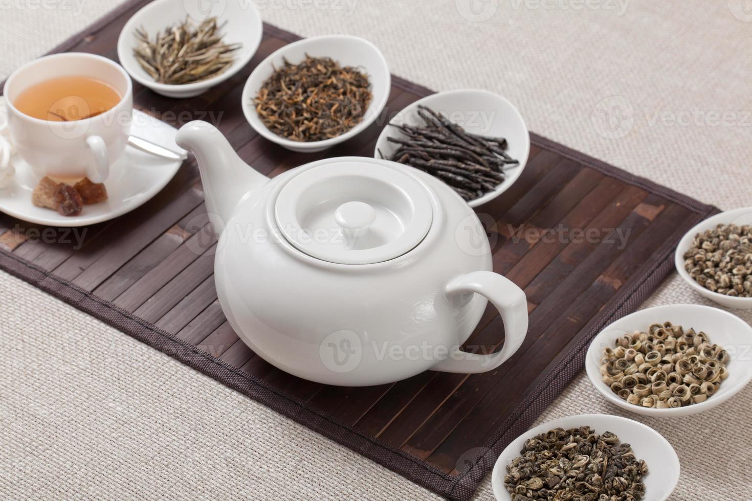 Various kinds of tea with cup and teapot photo