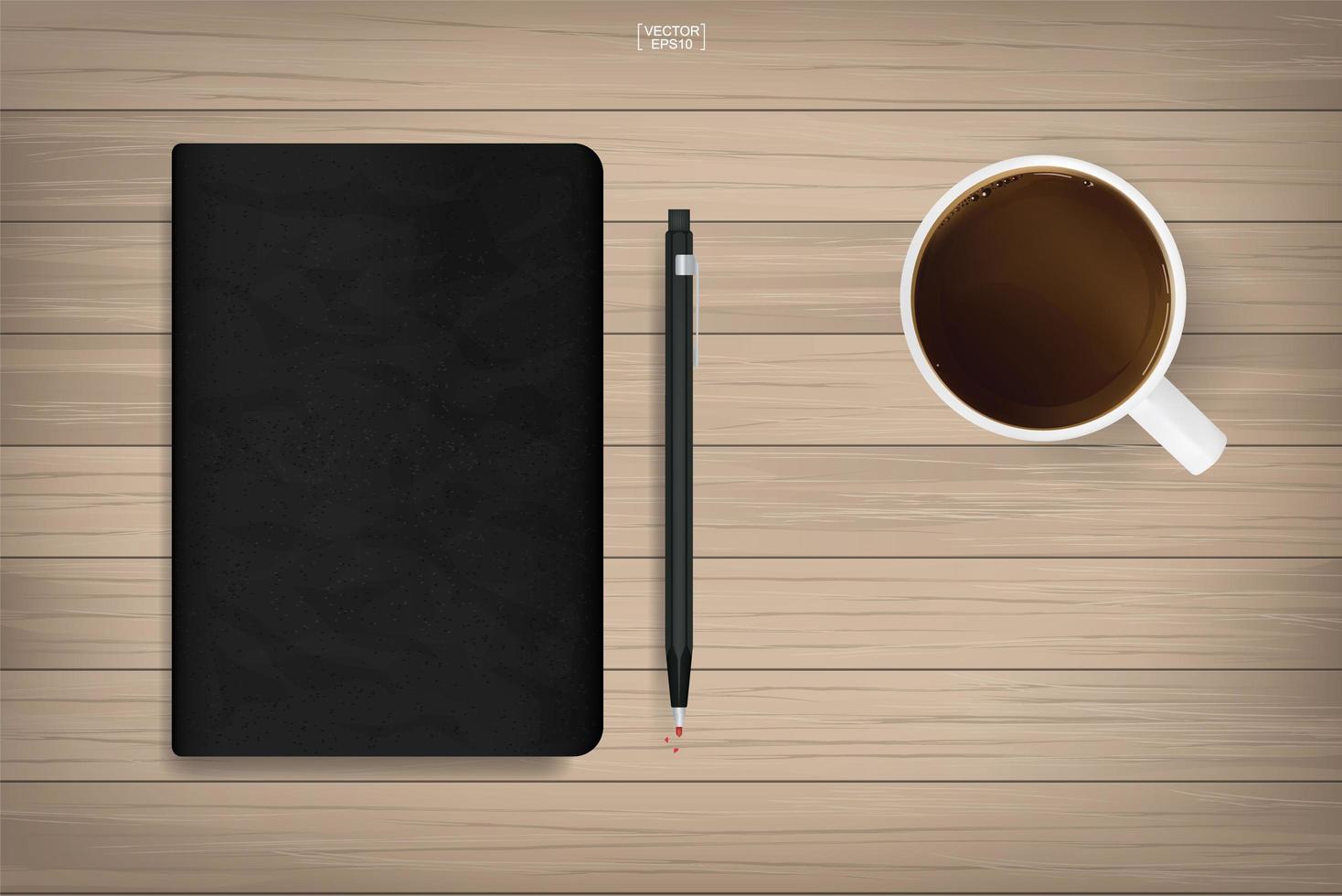 Diario con textura de tapa negra con taza de café vector