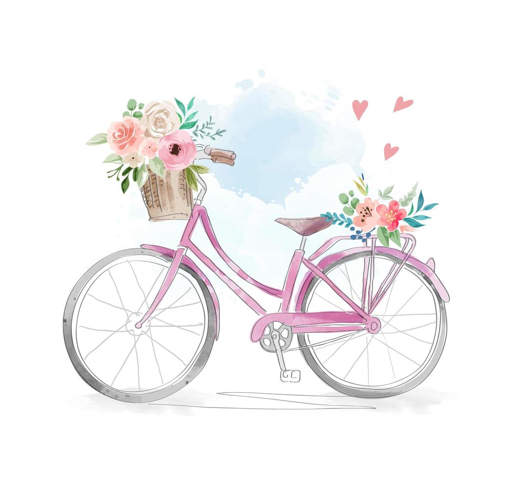 Bicicleta acuarela con flores en la canasta vector