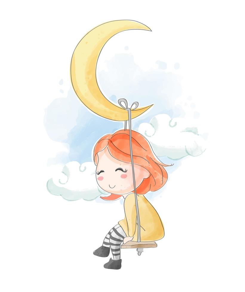 Cartoon Girl on Moon Swing vector