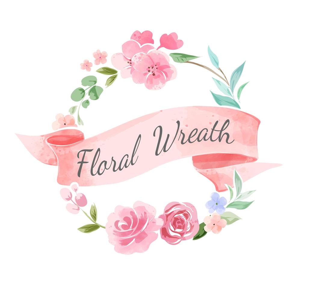 Flower Wreath Circle With Pink Ribbon vector