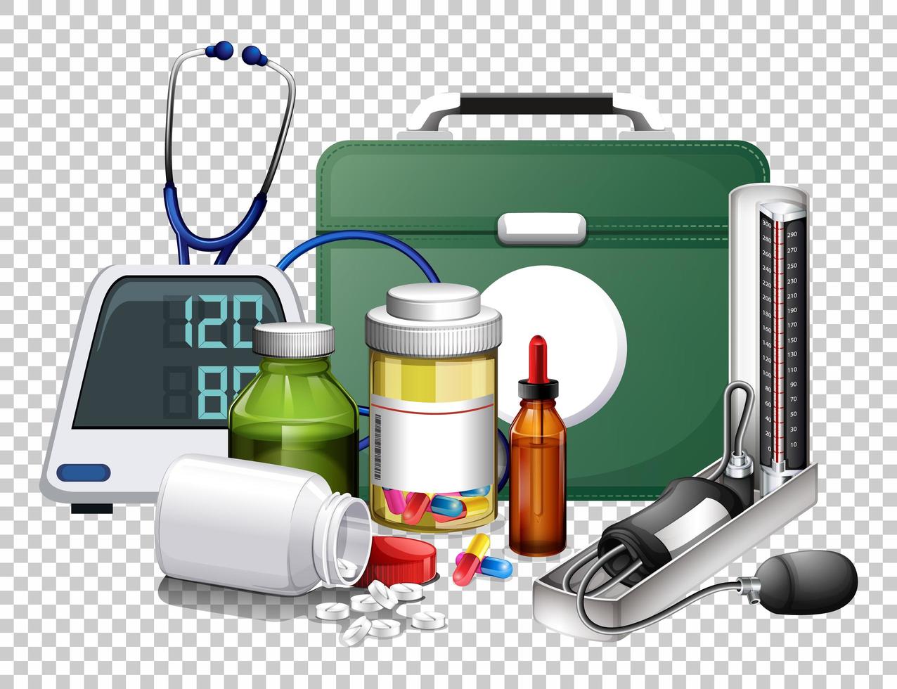 Set of medical equipments and pills on transparent background vector