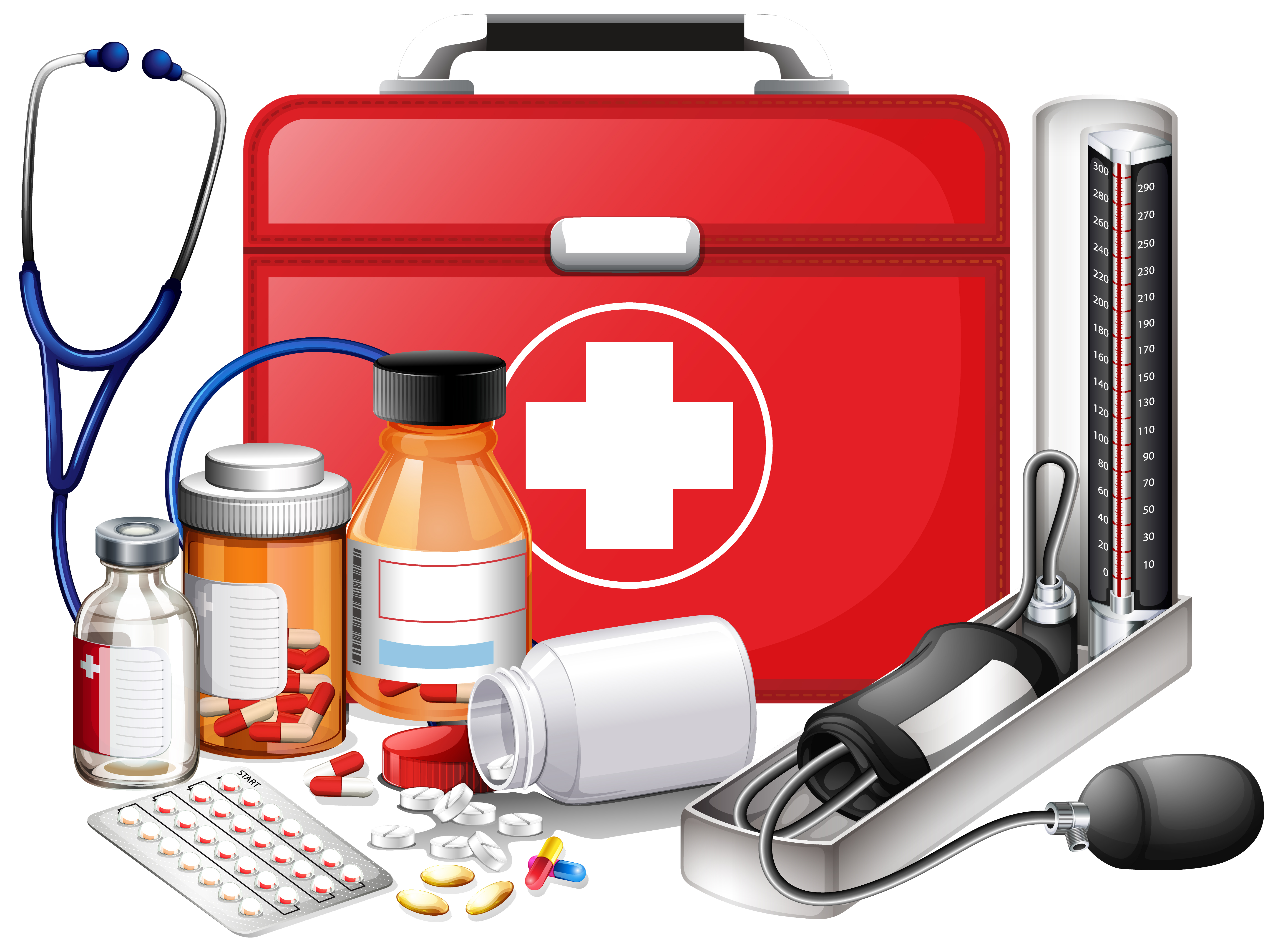 conjunto de equipamentos médicos com kit de primeiros socorros vermelho