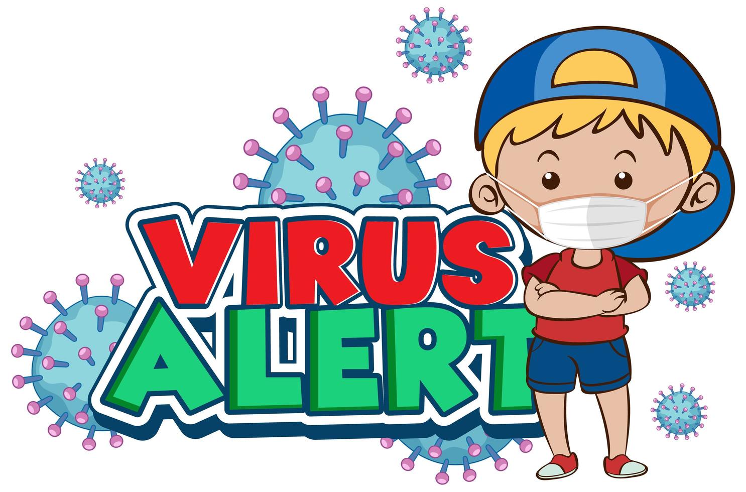 diseño de póster de coronavirus para alerta de virus de palabra con niño con máscara vector