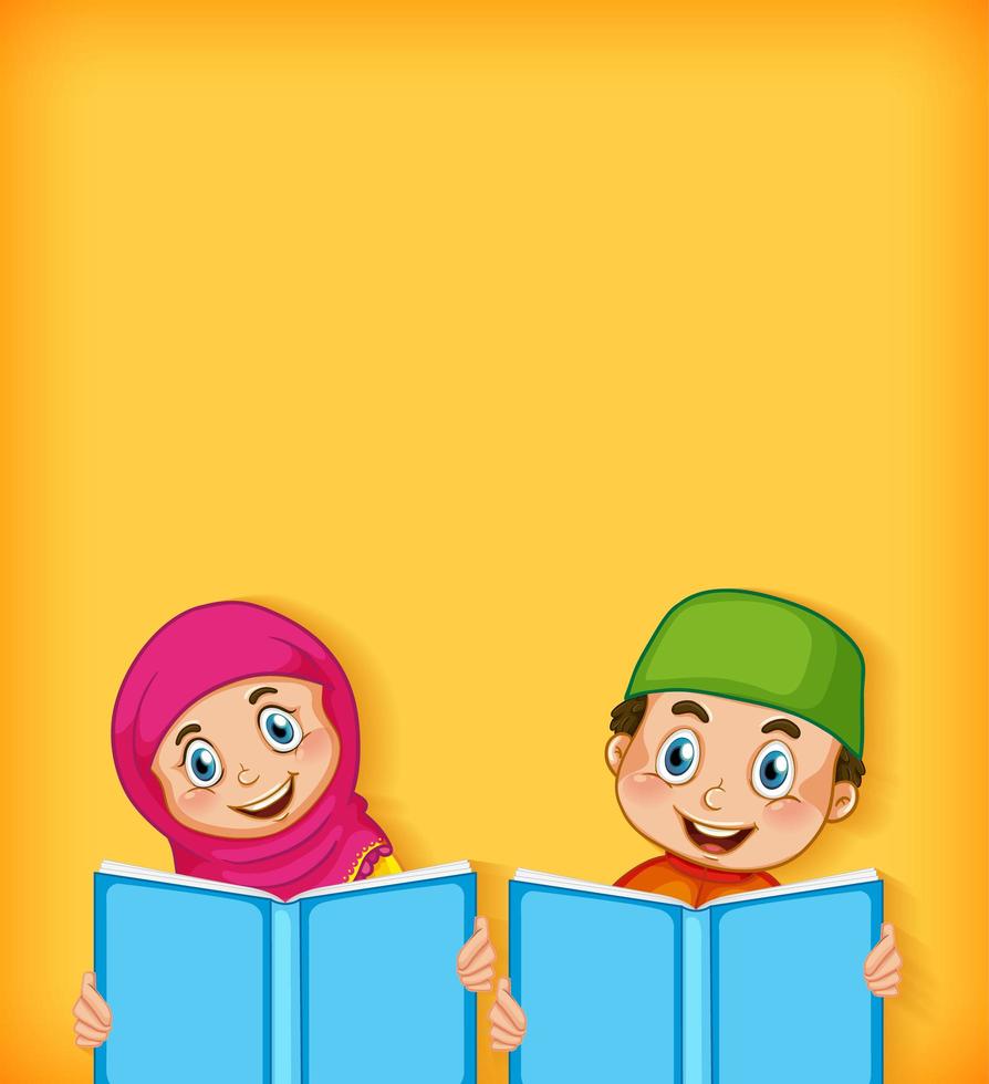 Background template design with happy muslim boy and girl reading vector