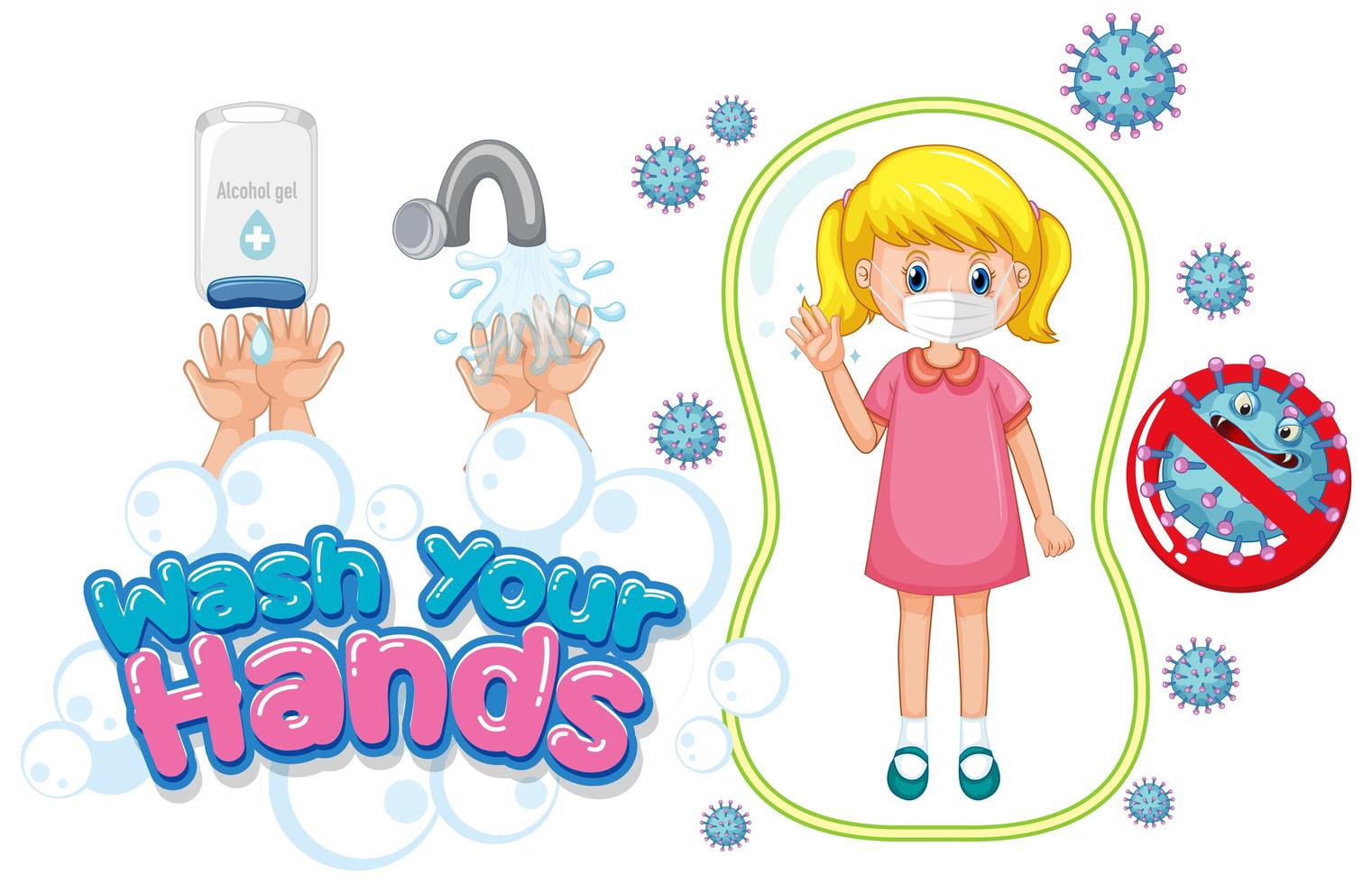 Wash your hands poster design with blonde girl wearing mask vector