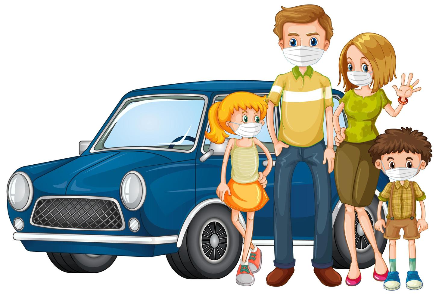 Family of Four Standing in Front of a Car Wearing Masks vector