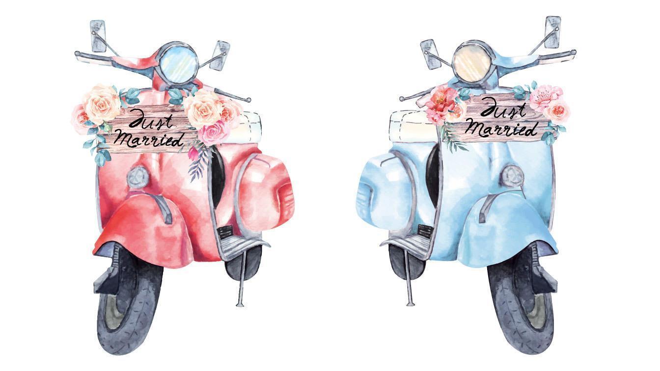 Scooter painting for wedding with watercolor vector