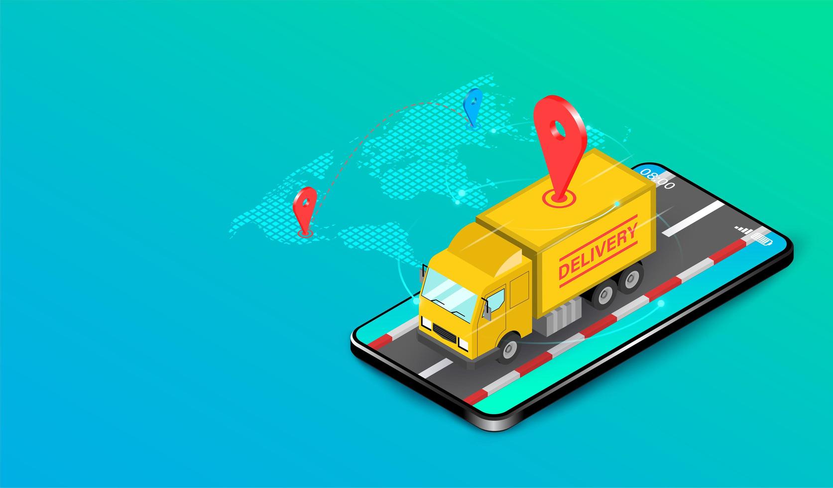 Delivery Express by Truck with by E-Commerce System on Smartphone vector