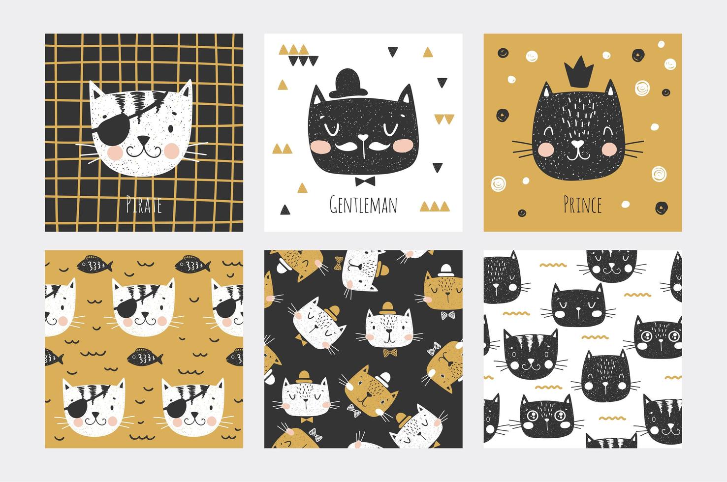 Cat Faces Cards and Seamless Patterns vector