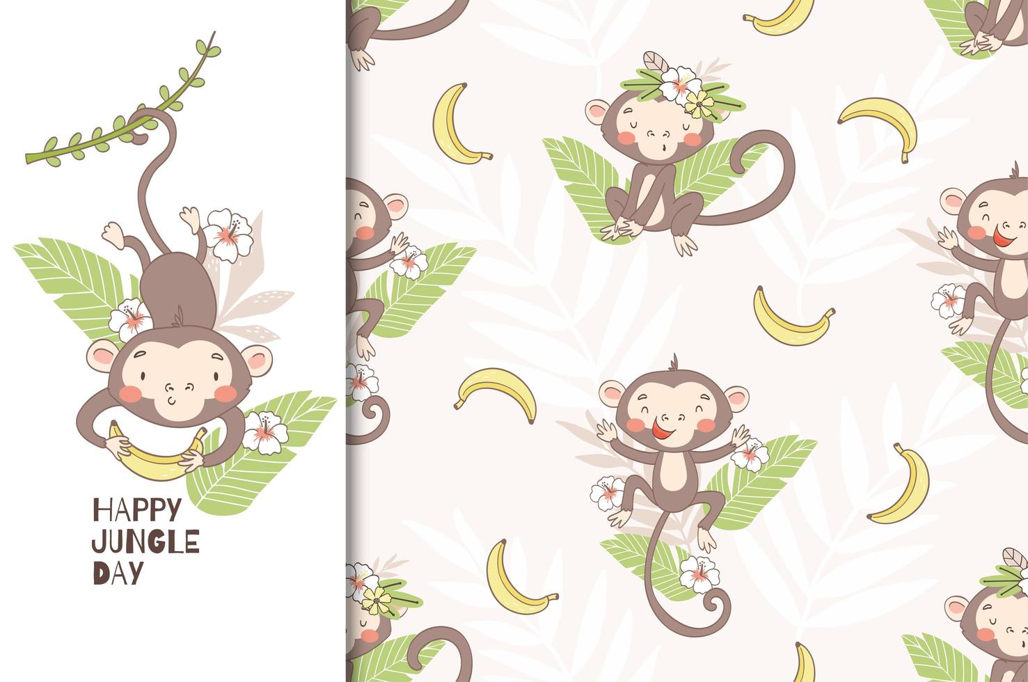 Monkey Baby Swinging on Vine, Holding Banana vector