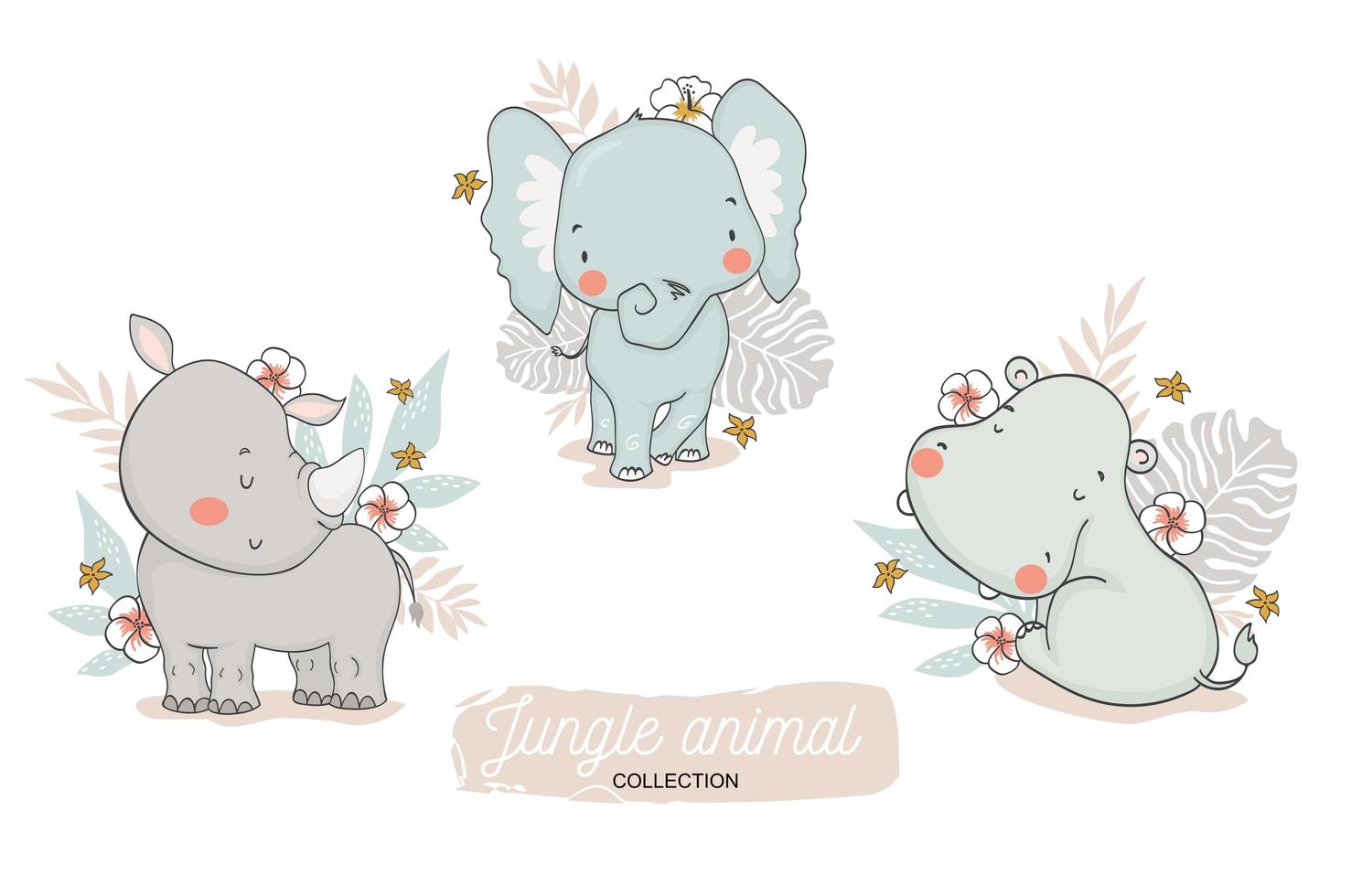 conjunto floral bebé elefante, rinoceronte, hipopótamo vector