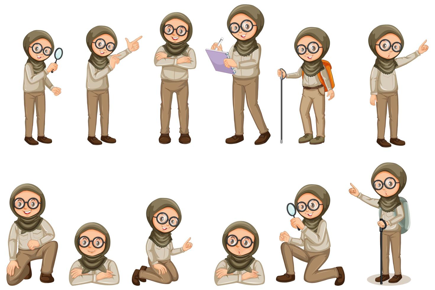 Chica musulmana en uniforme scout haciendo diferentes poses sobre fondo blanco. vector