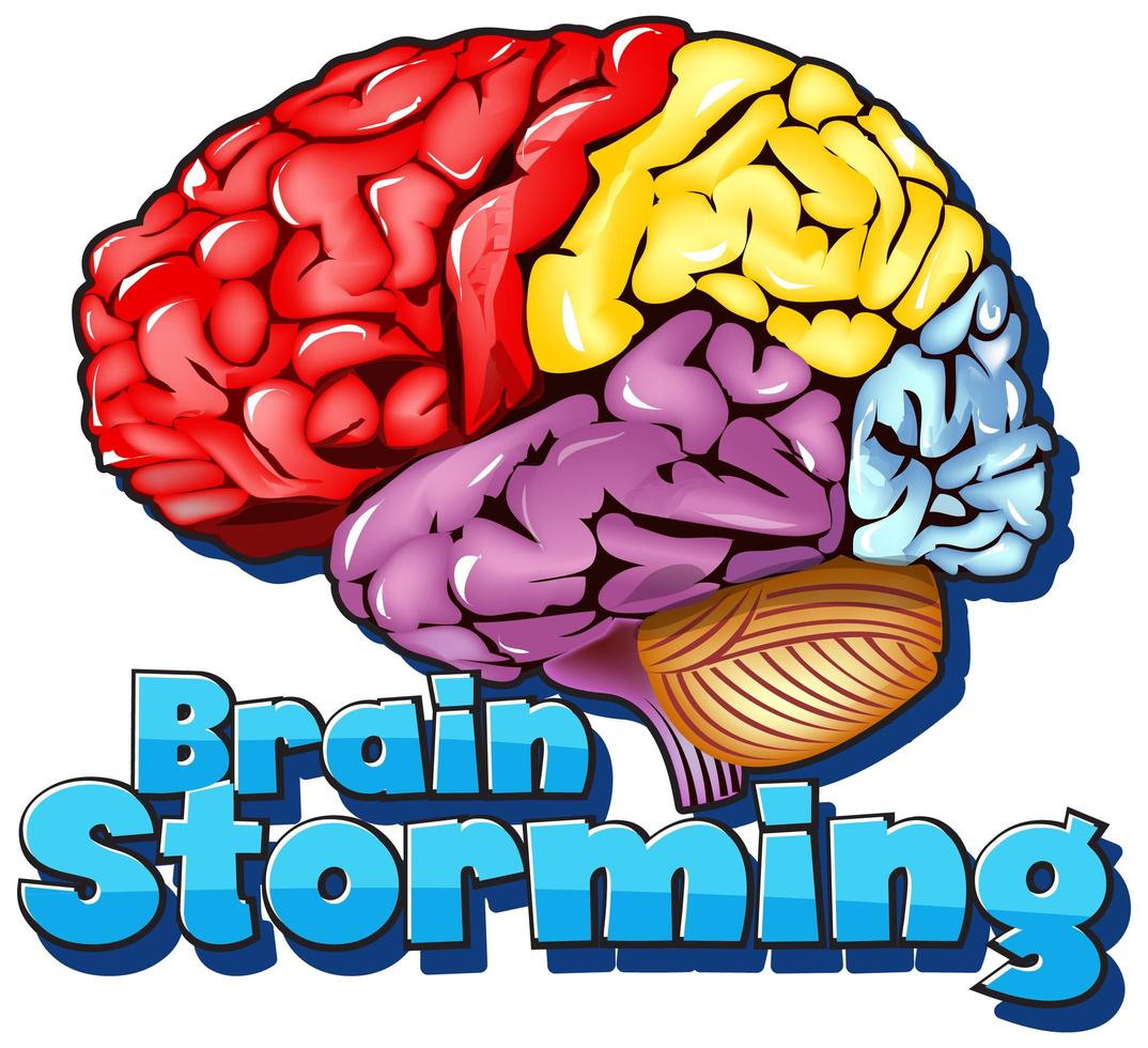 Font design for word brainstorming with colorful brain vector