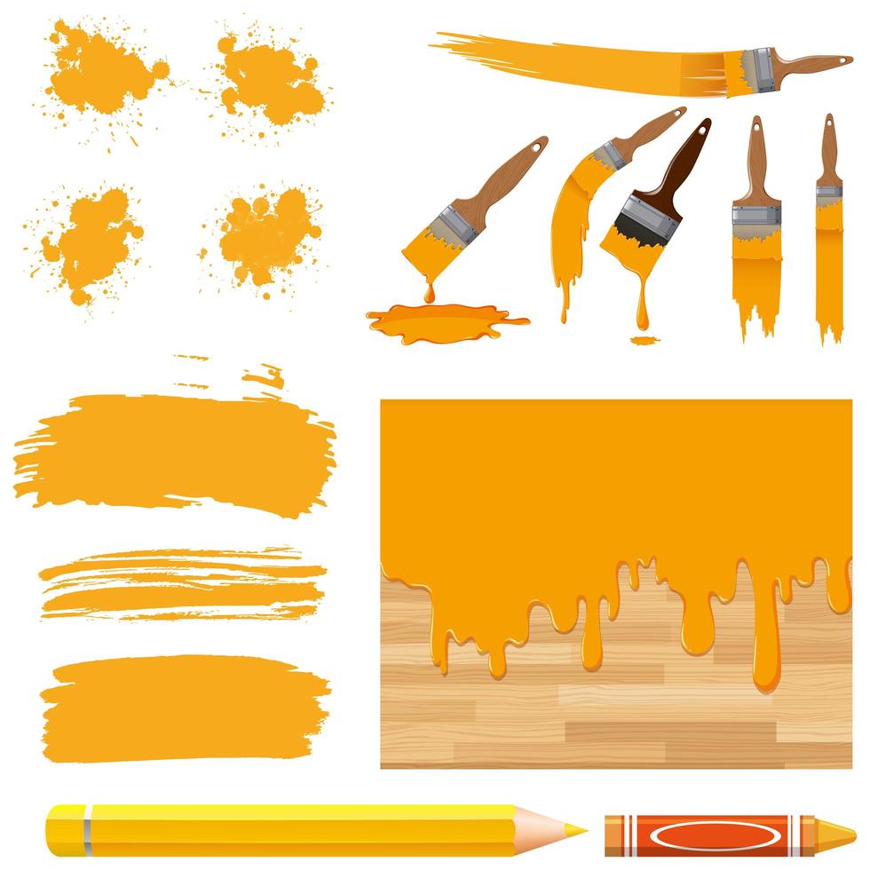 conjunto de acuarelas en amarillo con pinceles vector