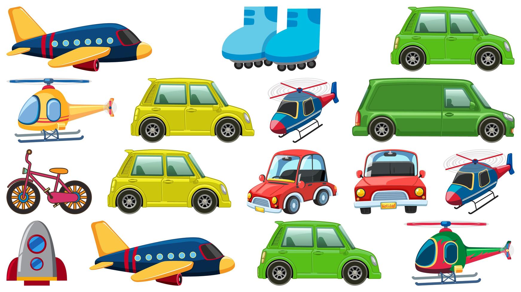 Set of many types of transportations on white background vector