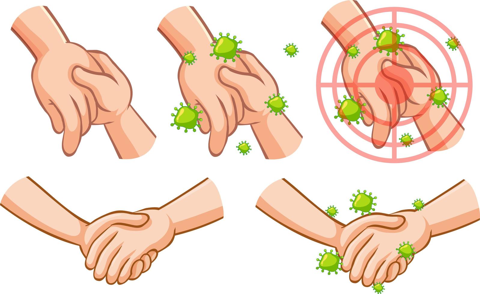 tema coronavirus con mano llena de gérmenes tocando otra mano vector