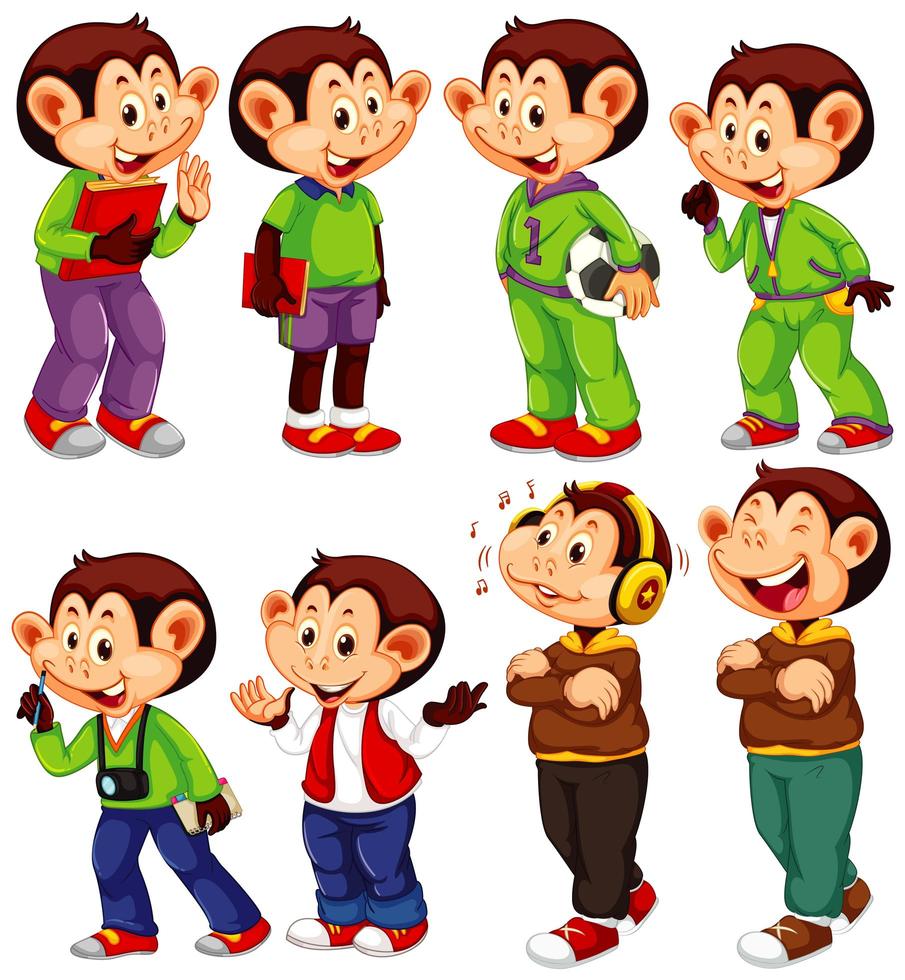 Cute monkey in different costumes on white background vector