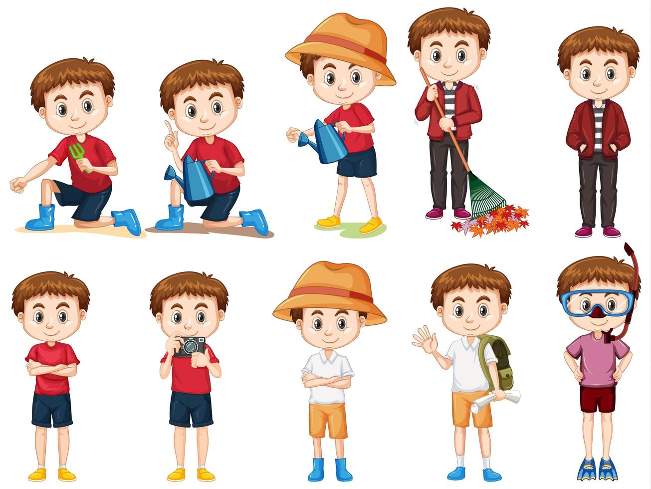 Set of cute boy doing different activities vector