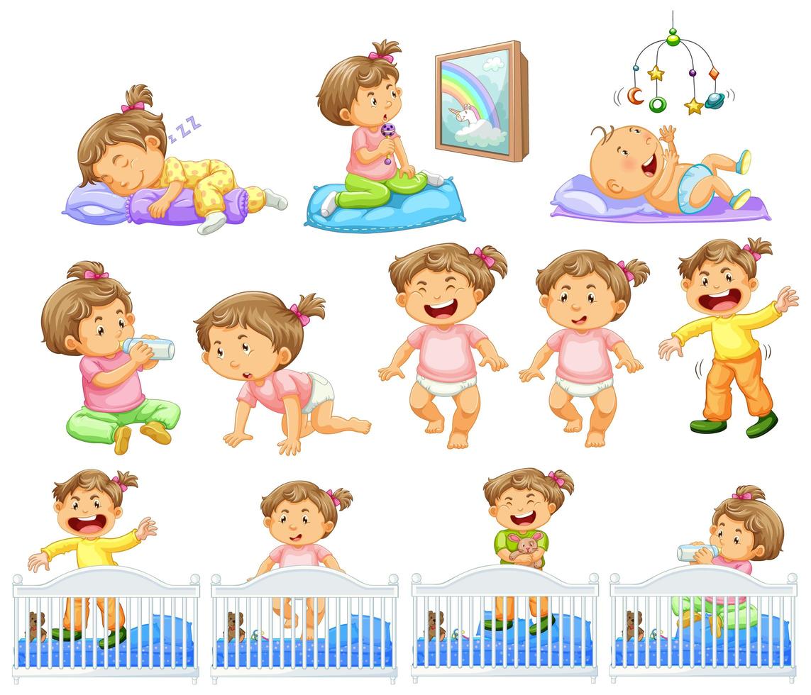 Conjunto de niña haciendo diferentes actividades vector