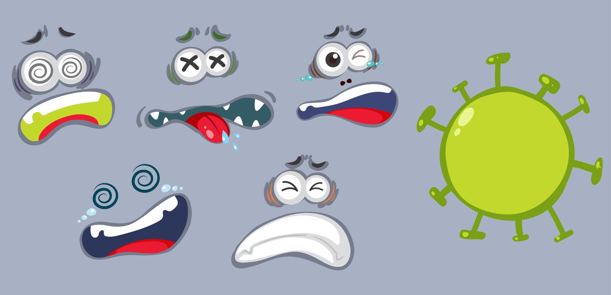 Set of virus cell and different facial expressions vector