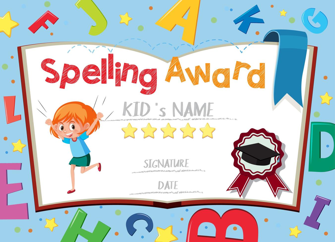 Certificate template for spelling award with alphabets in background vector