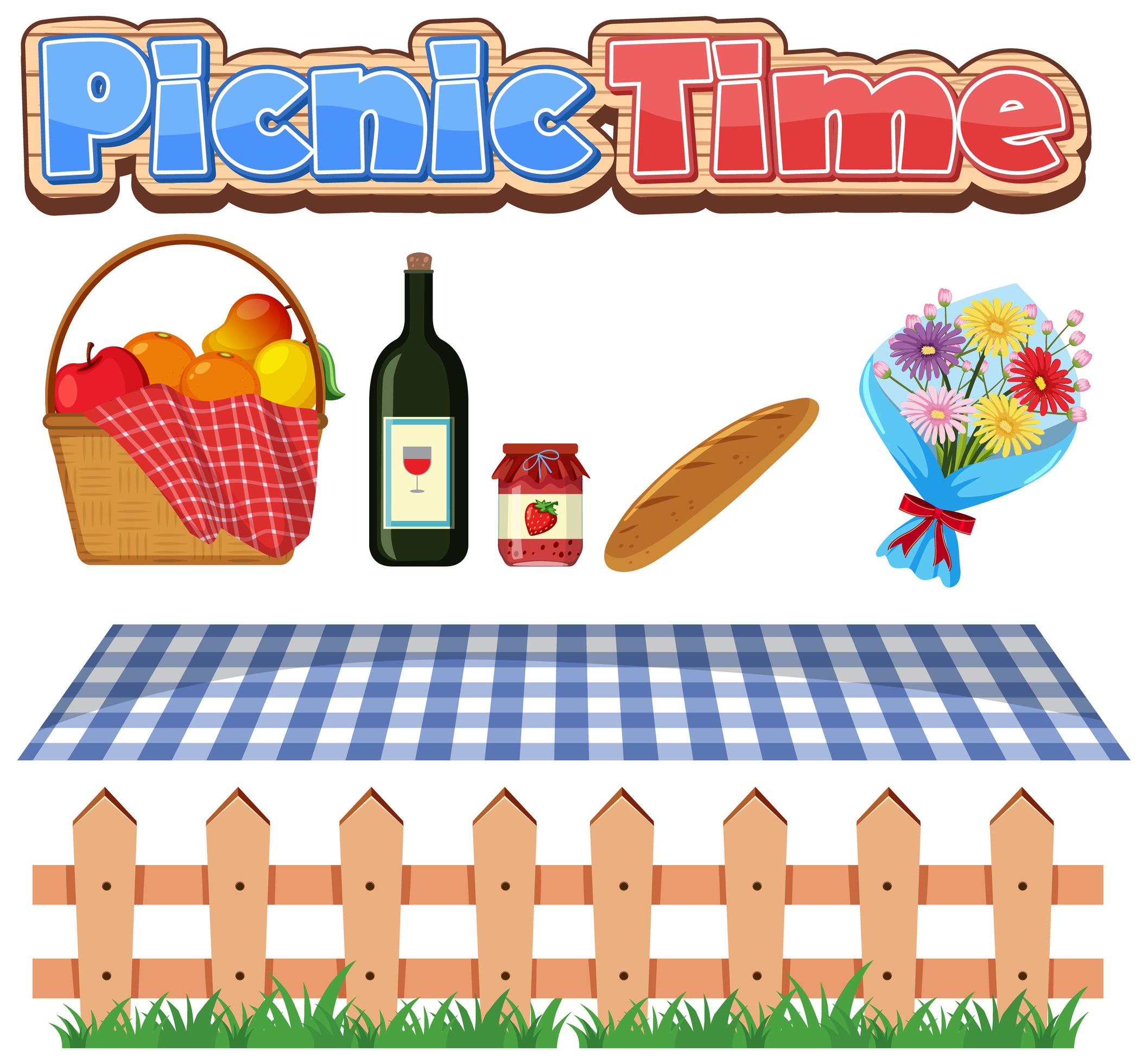 Font design for picnic time with food and flowers 1211843 Vector Art at
