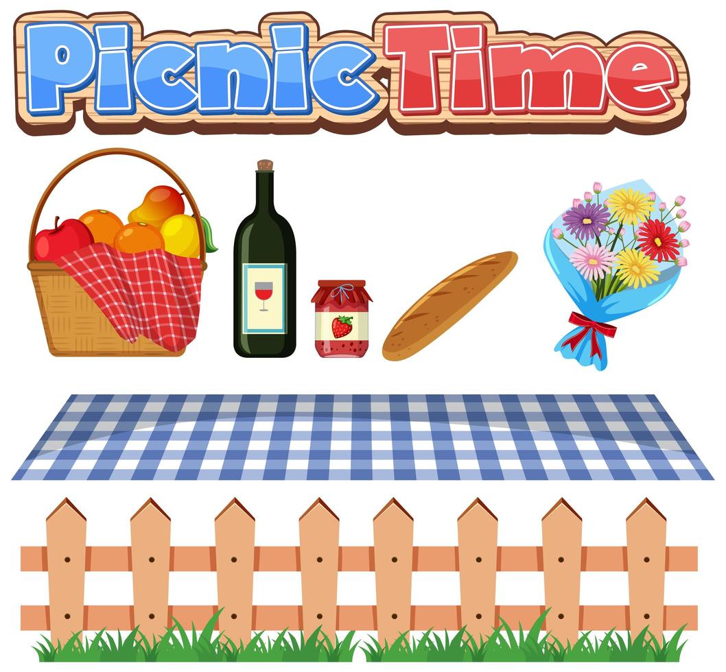 Font design for picnic time with food and flowers vector