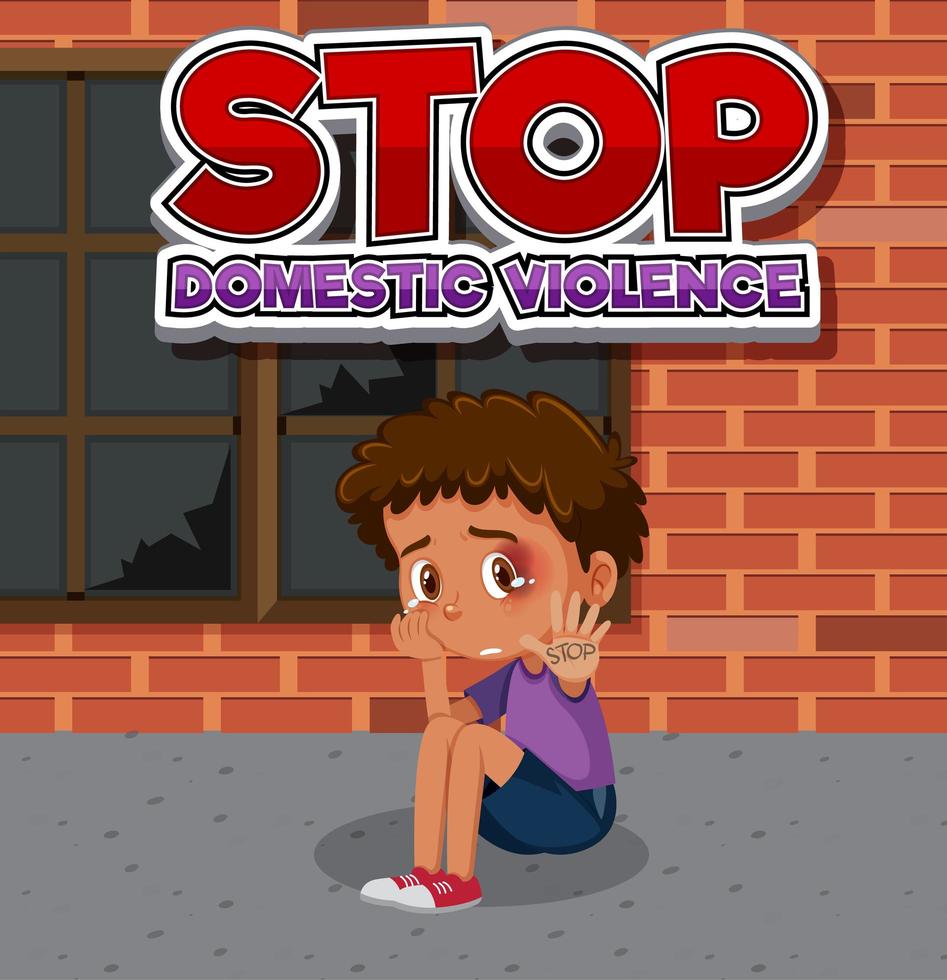 Stop domestic violence font design with sad boy sitting alone vector