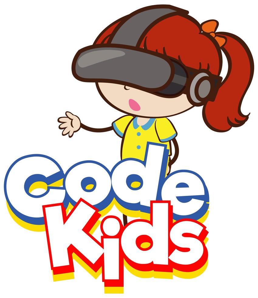 Font design for word code kids with girl wearing VR mask vector