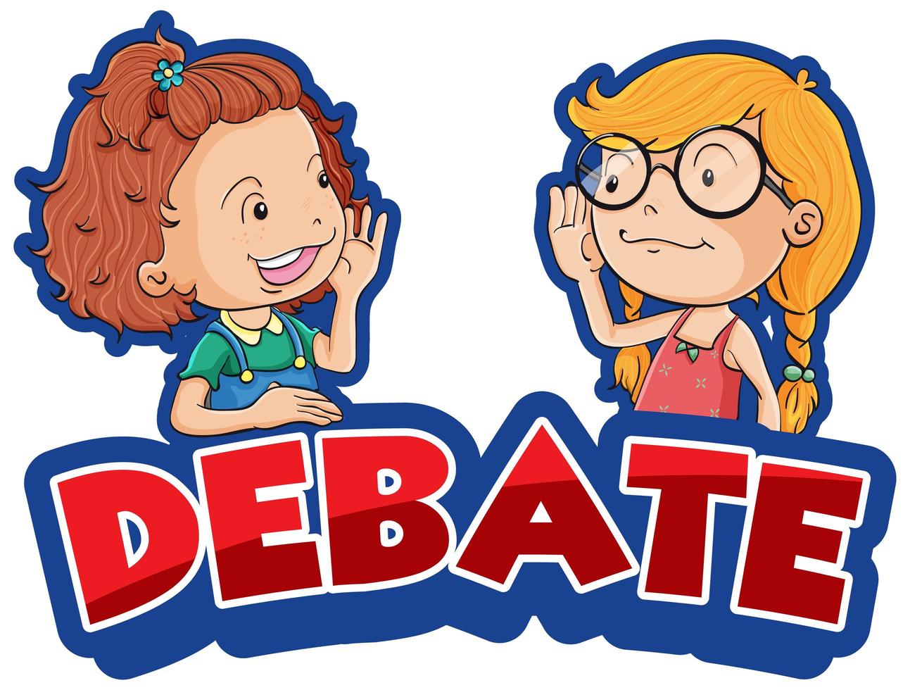 Diseño de fuente para debate de palabras con dos niñas felices en segundo plano. vector