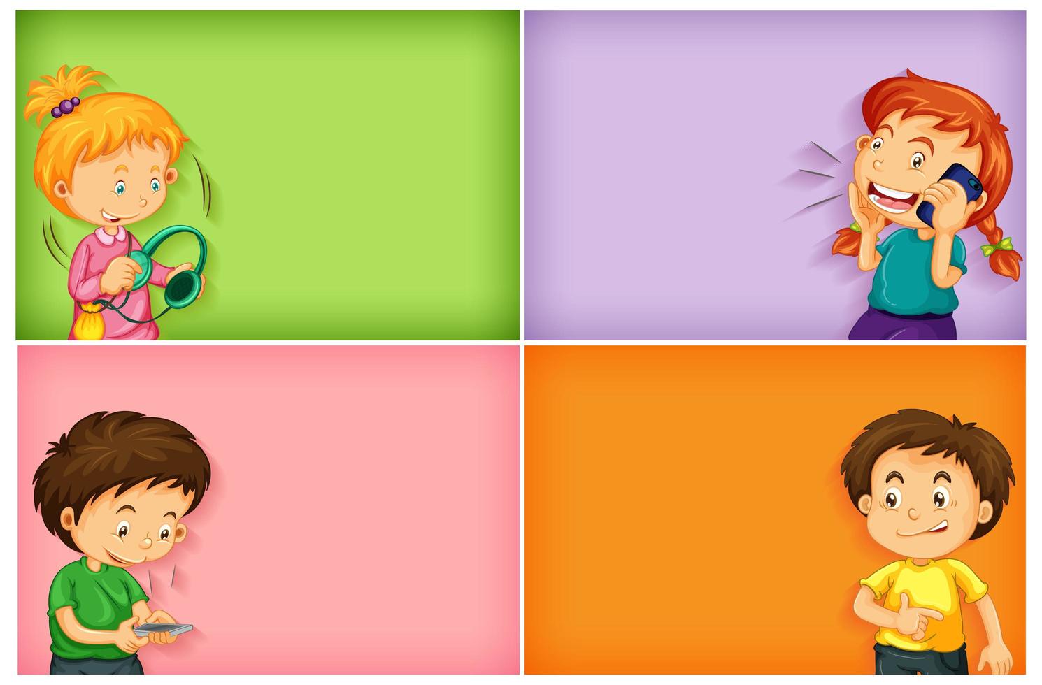 Plain backgrounds with happy boys and girls using their phone vector