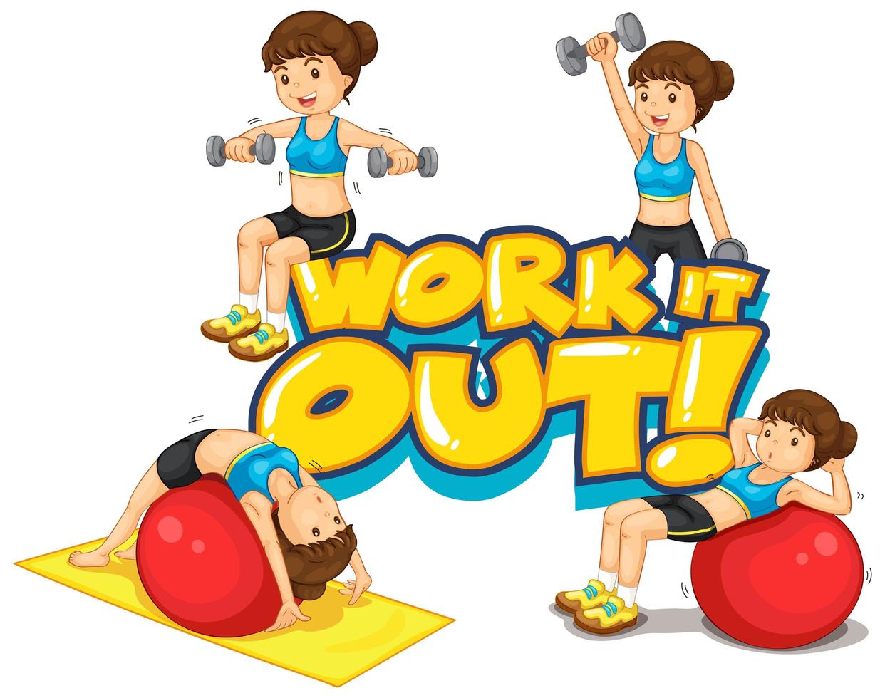 Font design for word work it out with woman doing exercise vector