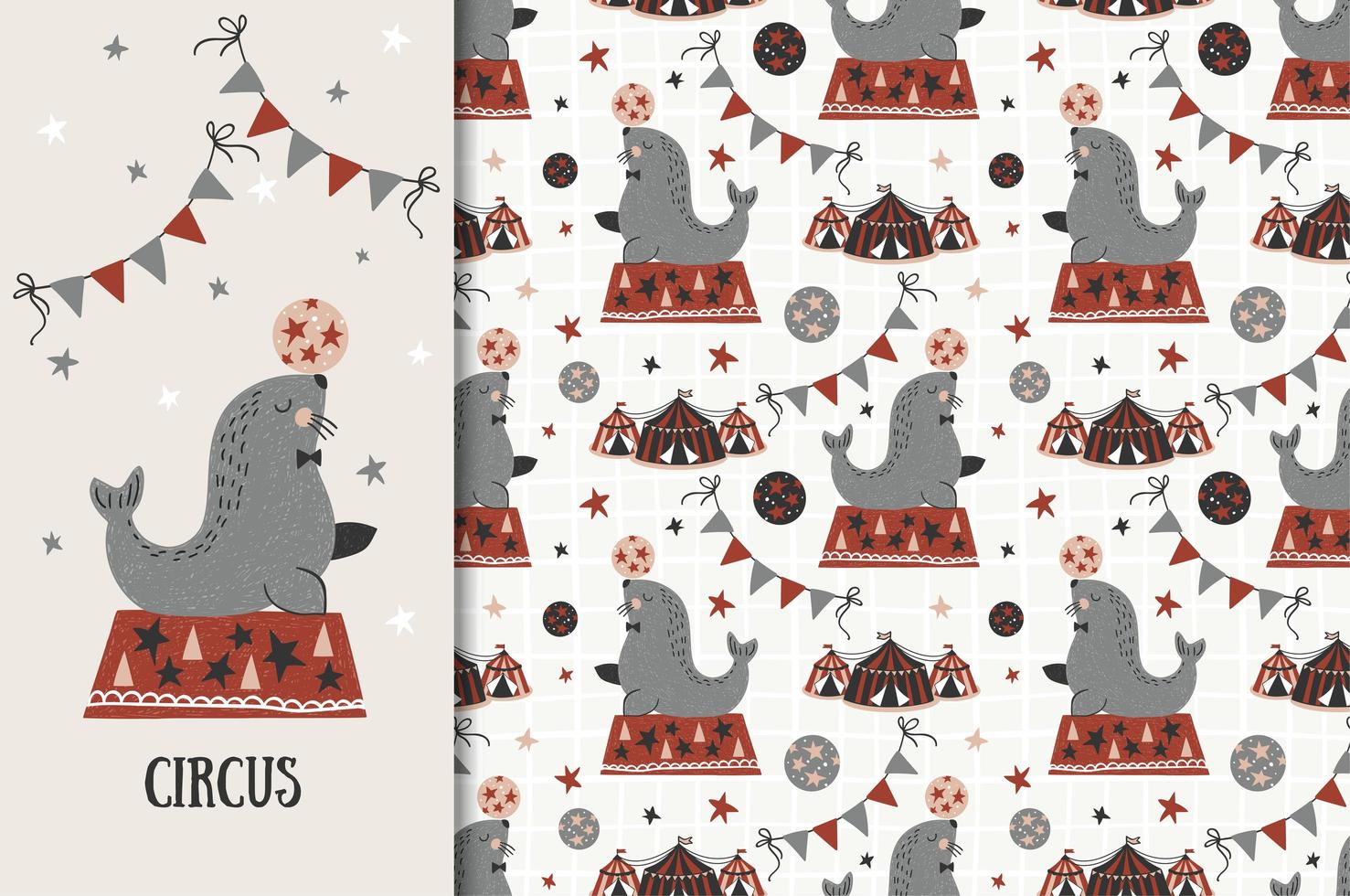 Circus seal design and seamless pattern vector