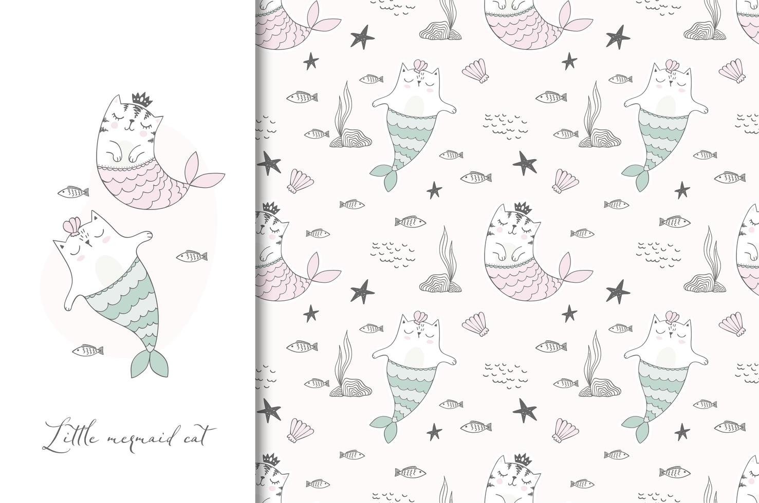 Mermaid cats illustration card and seamless pattern vector