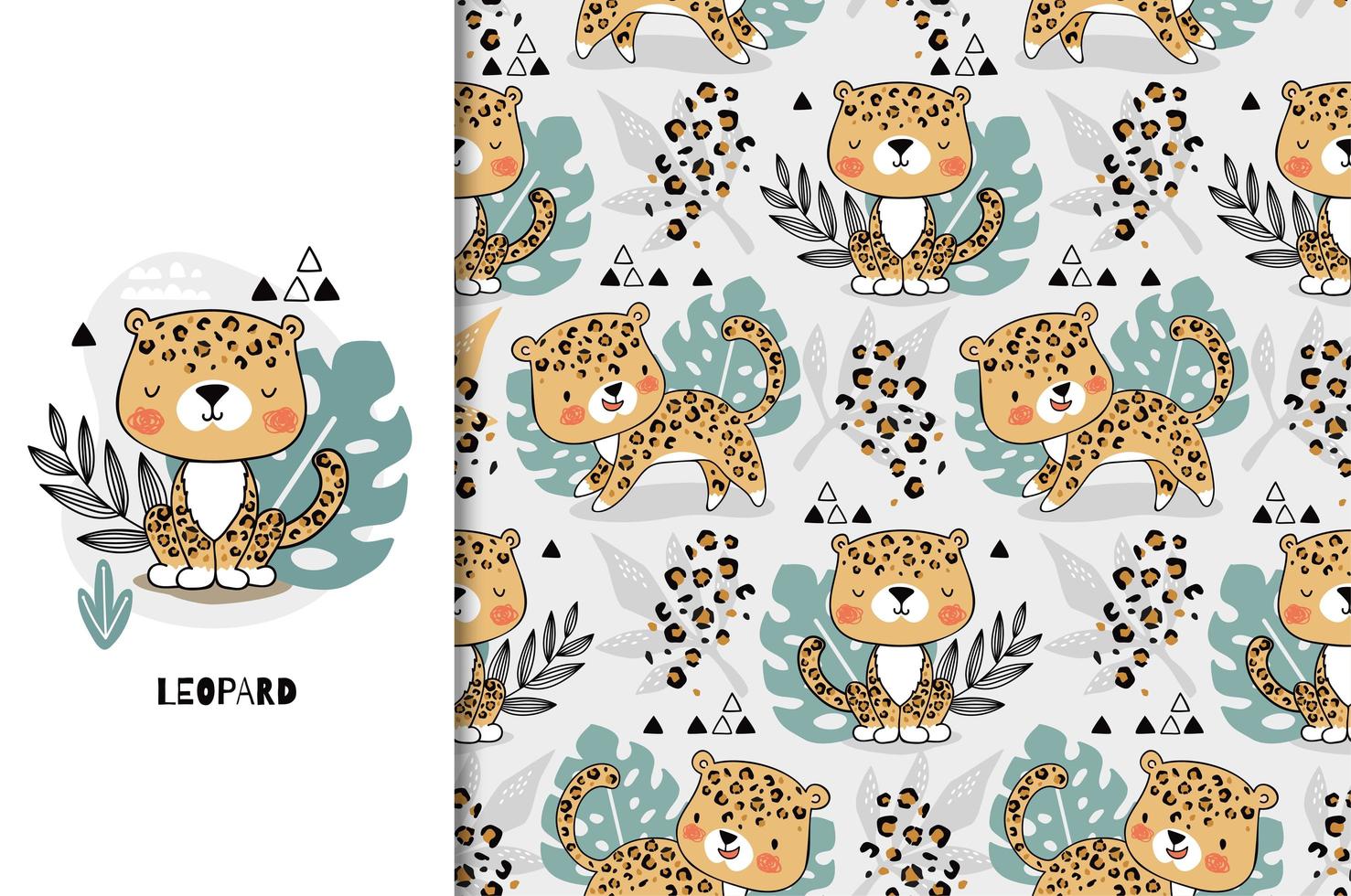 Leopard cute jungle baby animal character and pattern vector