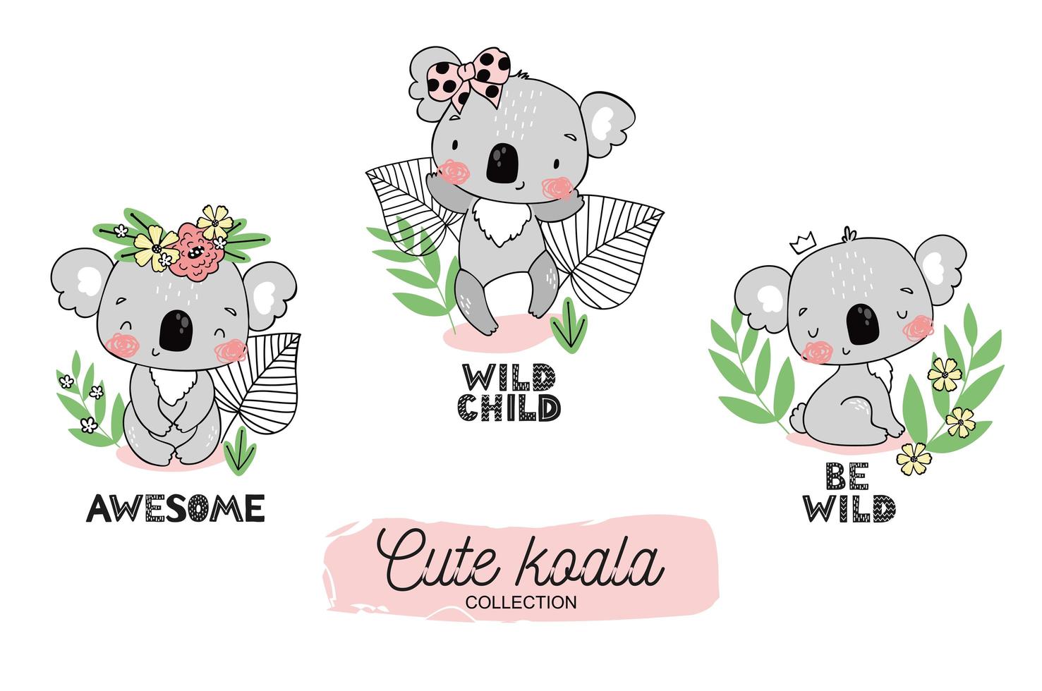 Cartoon baby koala cute jungle animal character collection.  vector