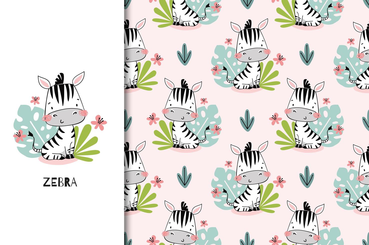 Cute baby zebra sitting among leaves pattern  vector