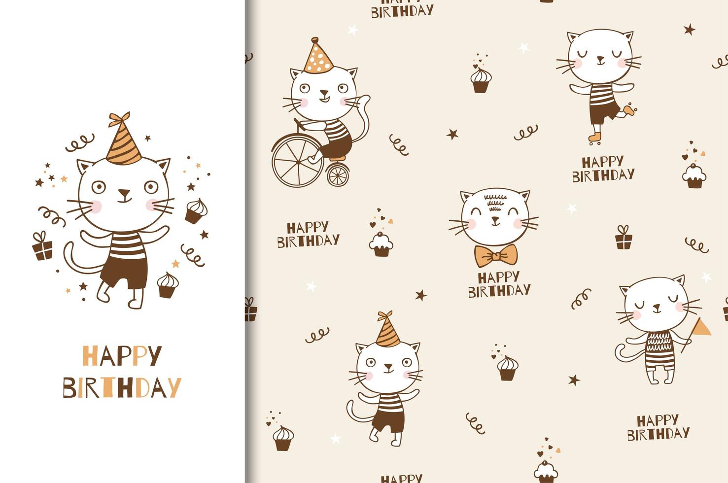 Cute cartoon cat birthday design and pattern. vector