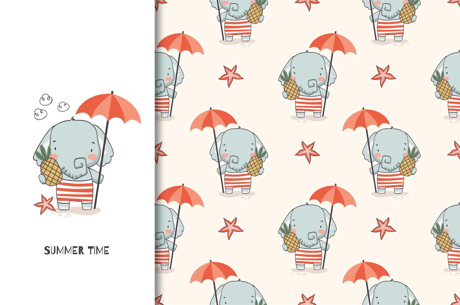 Cute elephant baby with umbrella and pineapple pattern vector