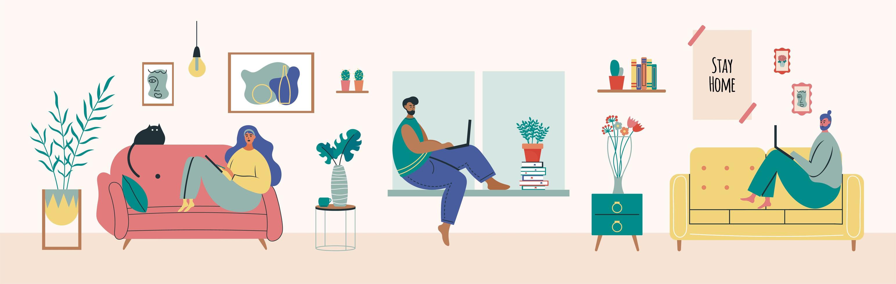 Young man and woman working from home vector