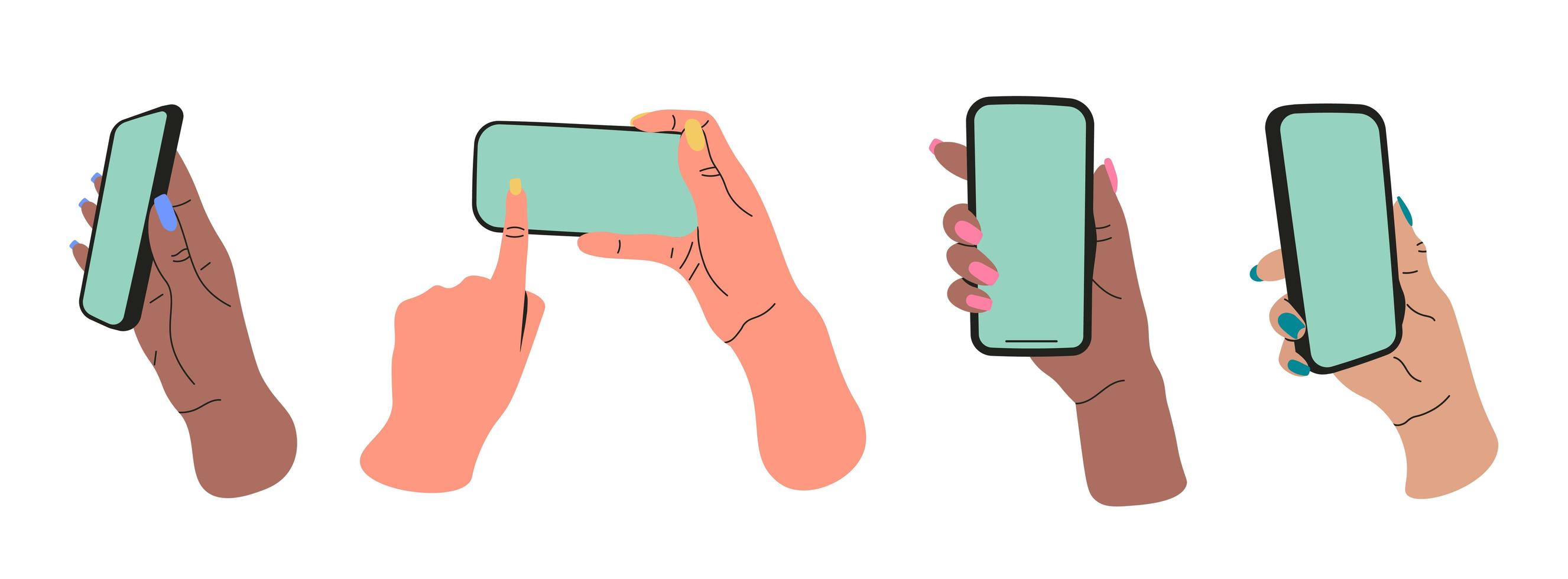 Set of flat girl hands that hold smartphones vector