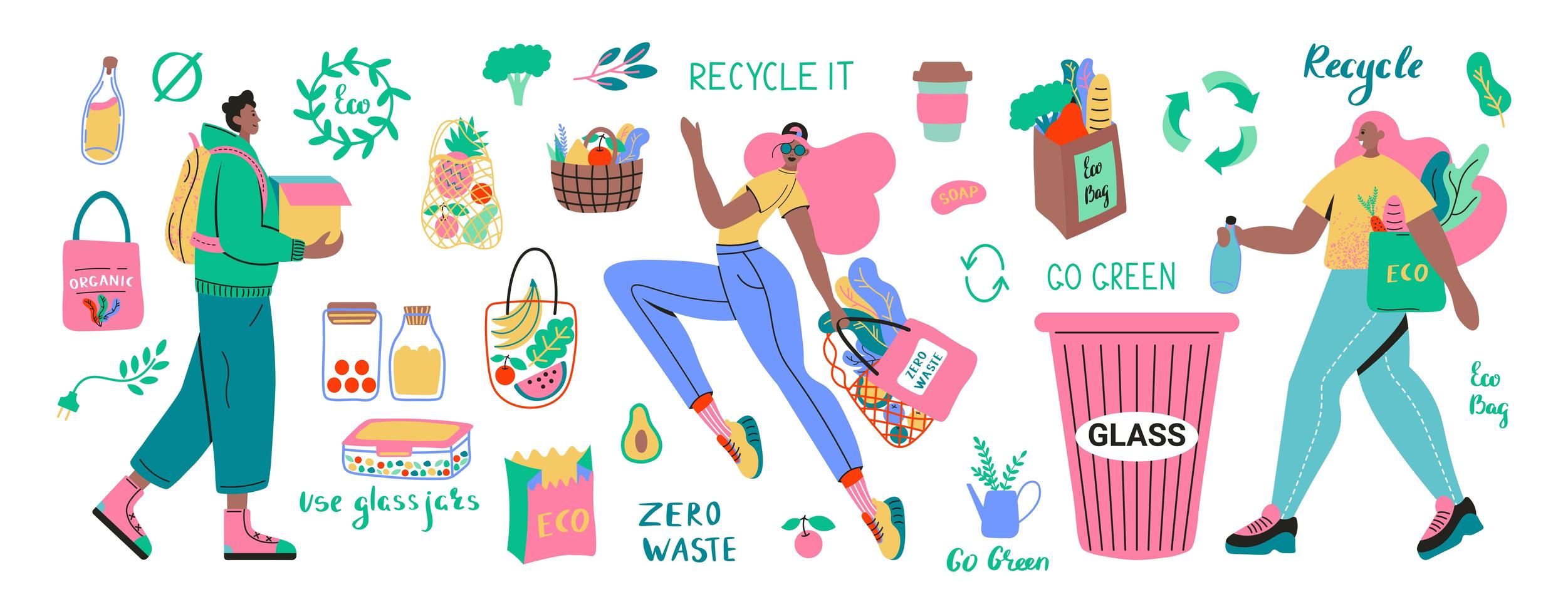 Collection of Zero Waste with characters and products vector