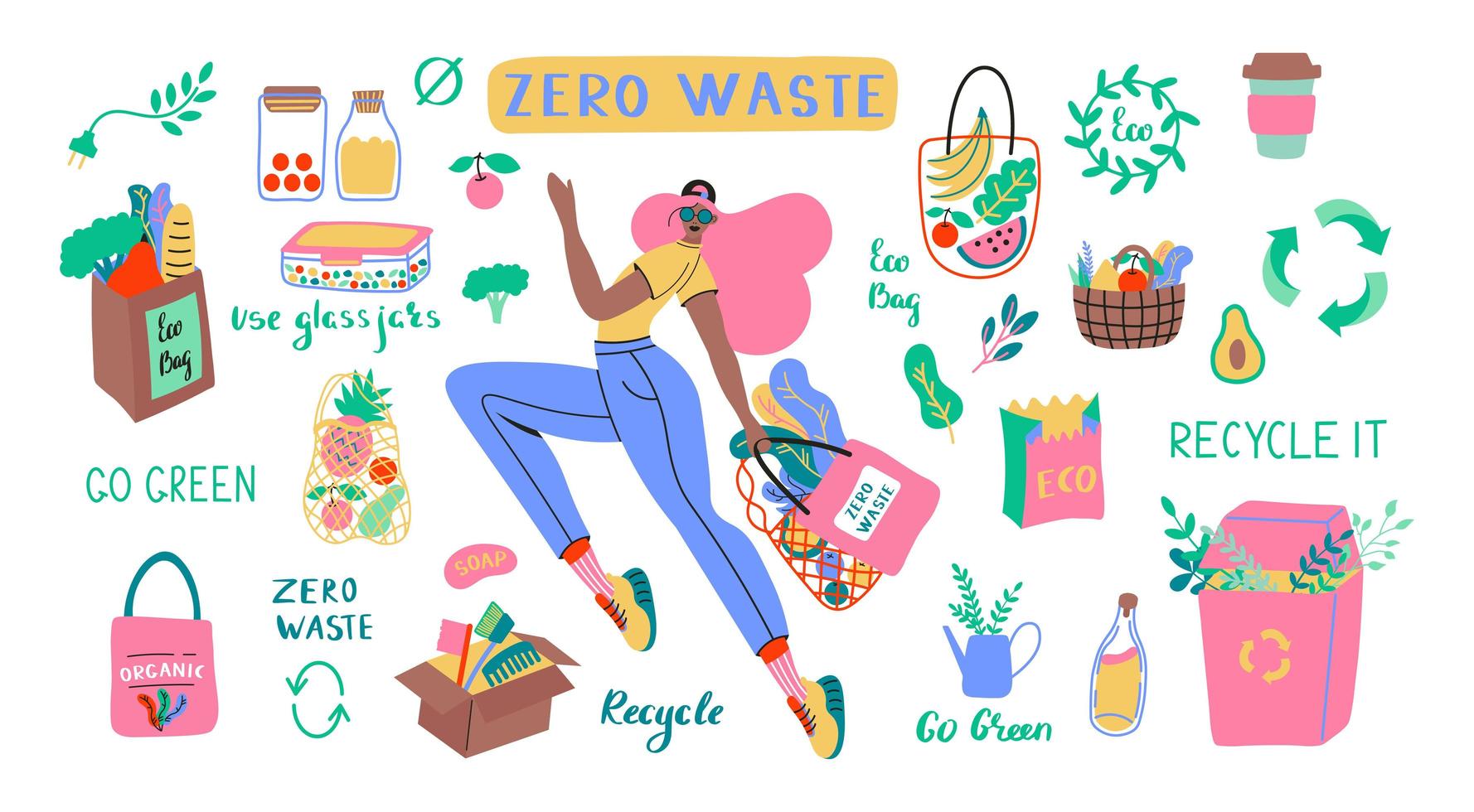 Collection of Zero Waste durable and reusable items vector