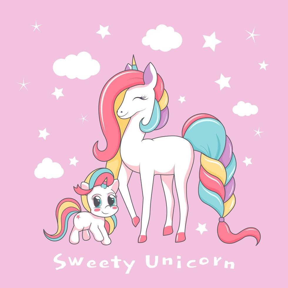 hermosa madre unicornio con bebé vector