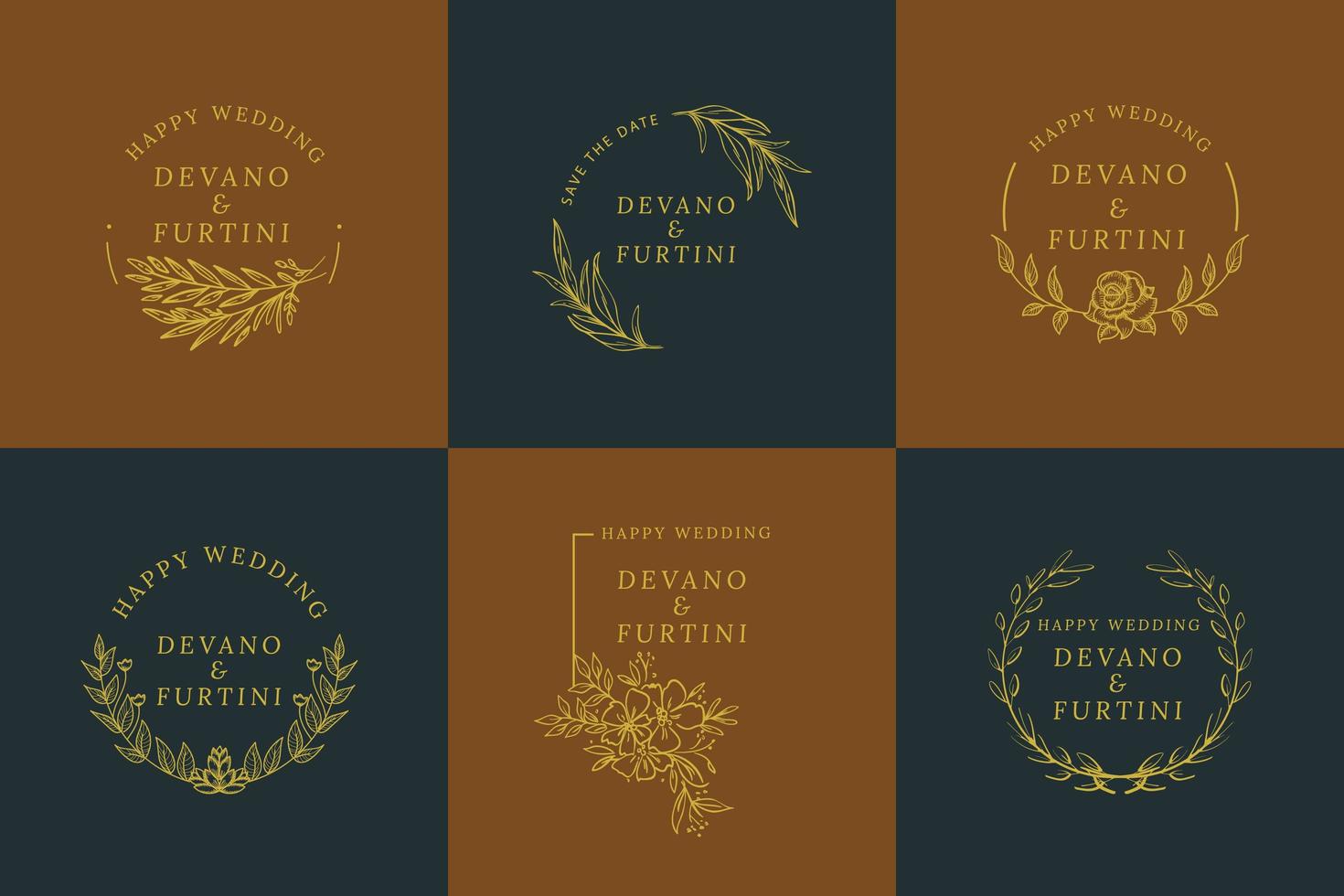 Yellow Rounded Floral Luxury Wedding Logo Set vector