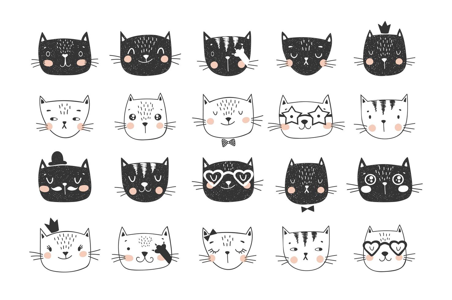 linda colección de garabatos de caras de gato para pegatinas vector