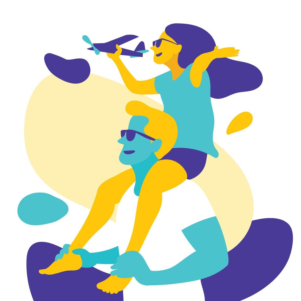 Father carrying child on shoulders in colorful style vector